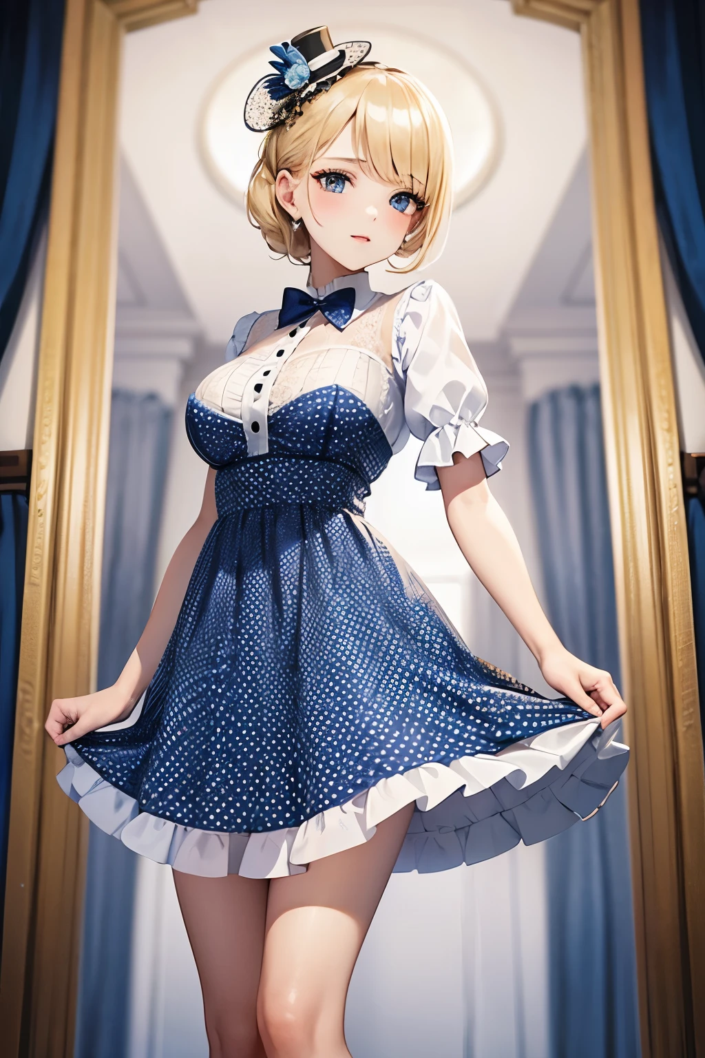 Photo of a gorgeous young blonde woman wearing an extremely conservative white and dark blue polka dot dress with short puff sleeves, fully dressed in pearls for Royal Ascot