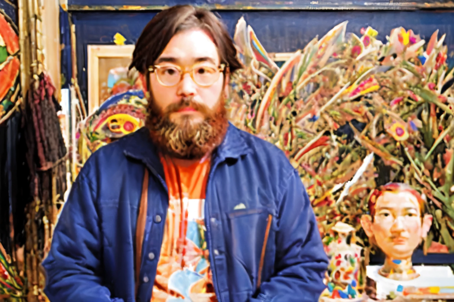 Contemporary art and paint theme、Generate an image of a male model with glasses and a beard。Make it seem like he is an artist or in a creative profession.。His glasses are modern and sophisticated in design.、It reflects his personality and artistic side.。The beard gives his face dimension and depth.、It highlights his artistic appeal.。His clothes are modern yet artistic.、It incorporates vivid paint-like colors and original patterns.。The background creates an artistic atmosphere.、The space will be decorated with paintings and artworks.。His facial expression and pose are full of confidence.、Highlight his individuality and artistic sense。The generated image is、It is intended for use in art galleries and art-related media.、It is expected to be visually impactful.。