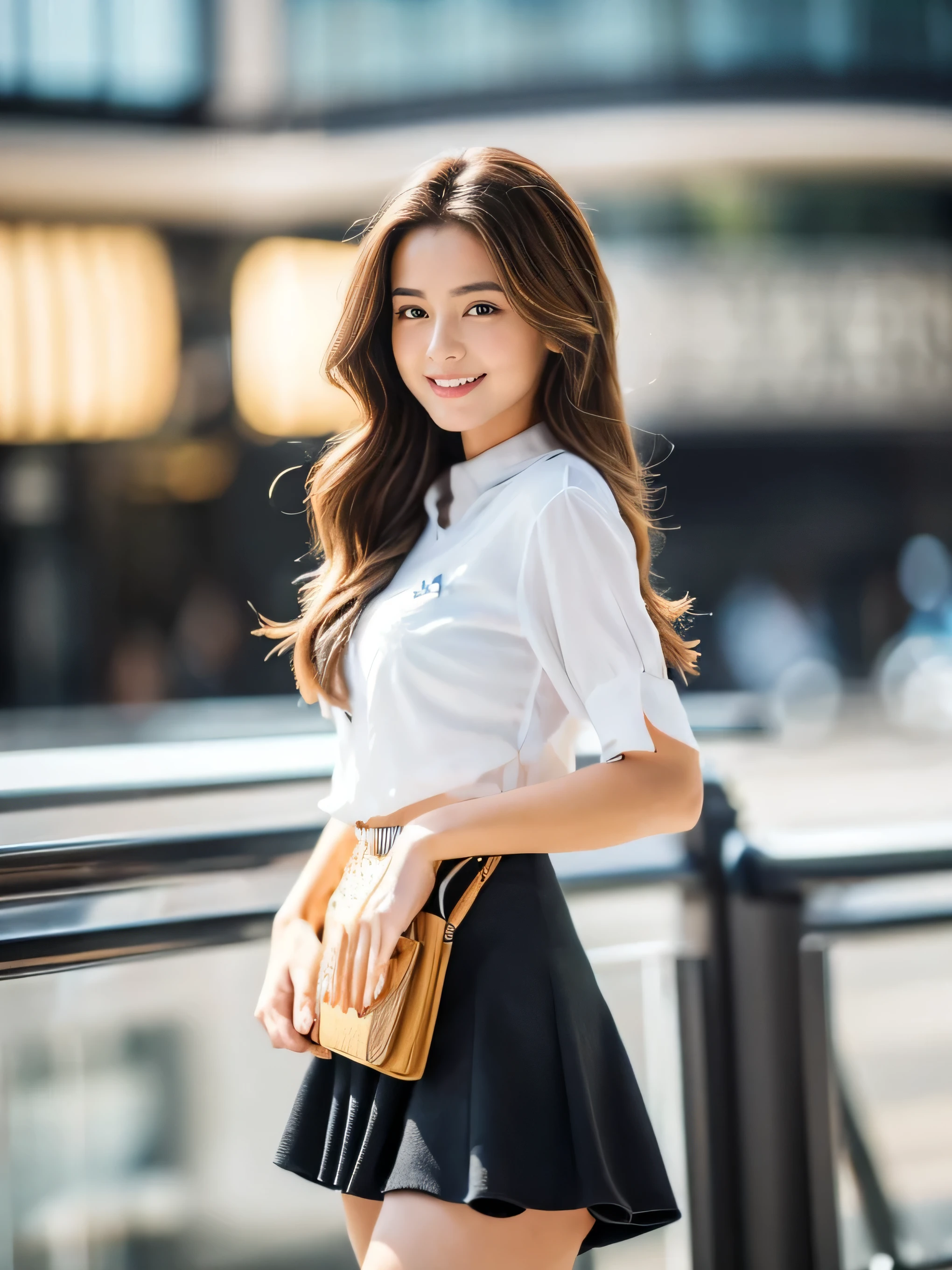 ((highest quality, 8k, masterpiece: 1.3)), 1 girl, smile, whole body, Slim face, Beautiful woman,Loosely inward wavy hair，Extra long brown hair, White crisp shirt at upper body, The top half is a black flared mini skirt, High heels, Highly detailed face, Fine grain, double eyelid, Blurred Background, Slim face, skyscraper, ((full figure supermodel standing, entire body in frame:1.4)