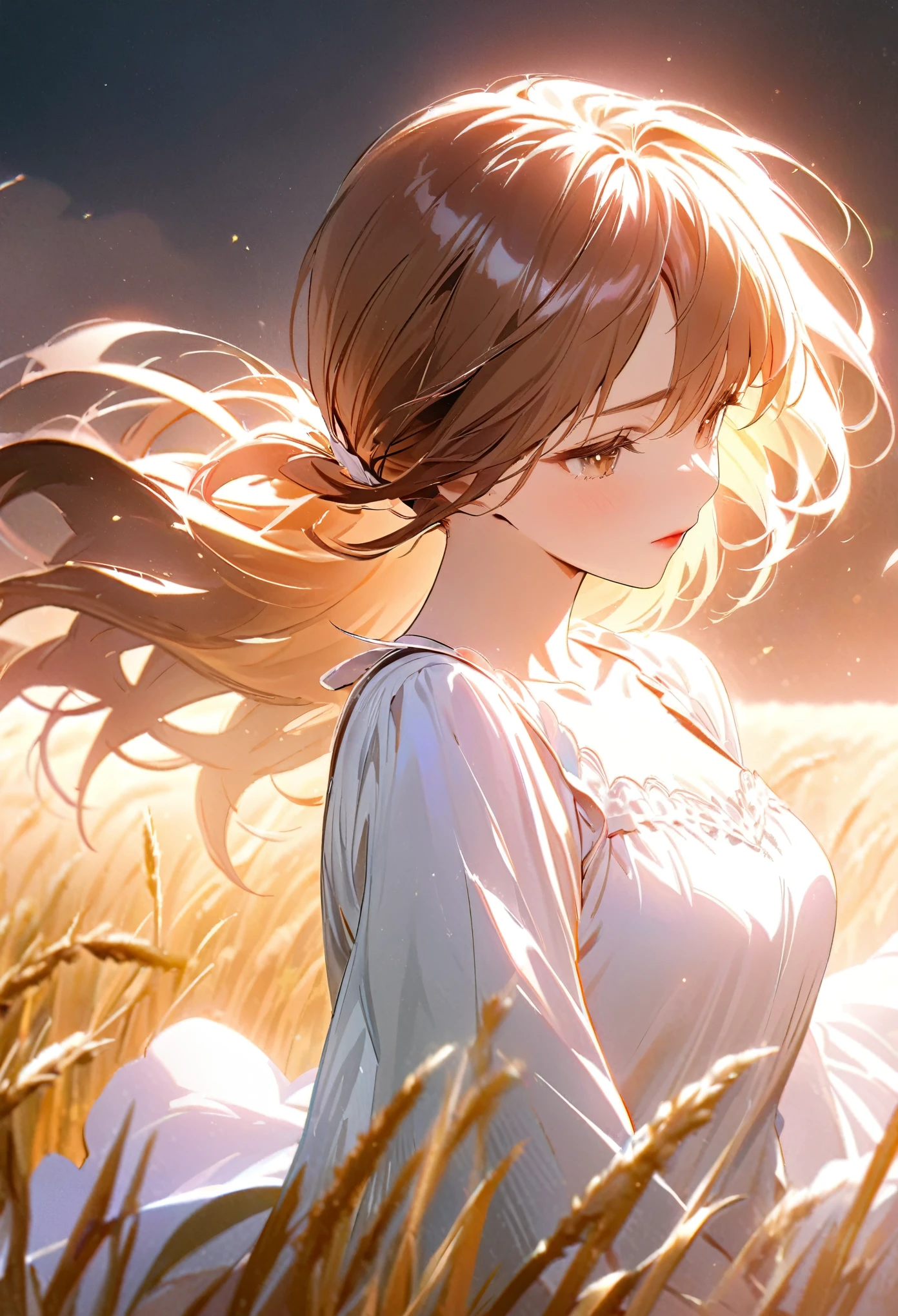 (masterpiece:1.4),, (highest quality:1.4),, Ultra-high resolution,, 8k, CG,, (Very delicate and beautiful:1.2),, , Upper Body,, From the side,, View your viewers,, , One girl,, alone,, Robber Girl,, Mature Girls,, , cute, sweet,, , In the wheat field,, Blurred Background,, , Long brown hair,, ponytail,, , Brown eyes,, Mouth closed,, Red lips,, , Face blown by the wind,, , White Dress,, Medium chest,