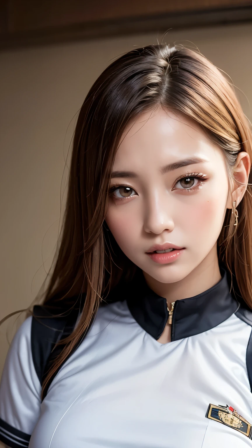 (highest quality,4K,masterpiece:1.2),Beautiful woman,1 girl,sexy:1.1,Dark yellow hair:1.1,Female ,Soaked uniform,Highly detailed face,Detailed lips,Beautiful Eyes,double eyelid,Miniskirt White Stockings,stand up,(head shot:1.5)