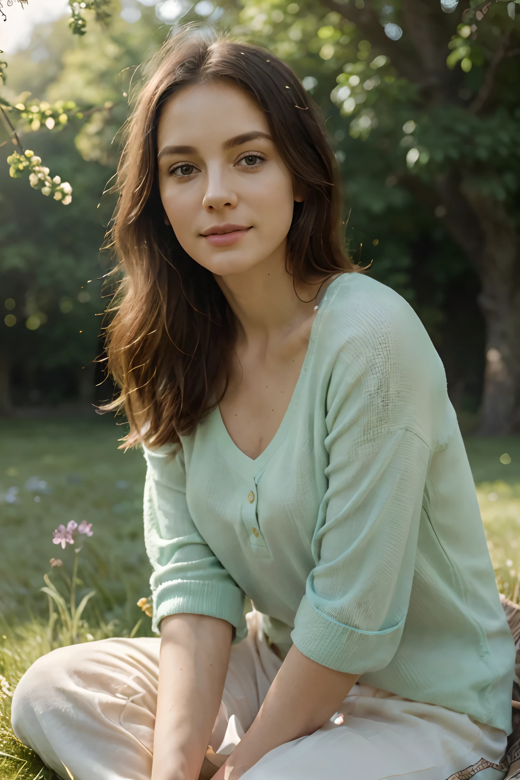 "(Best quality, realistic), beautiful Irish women, sitting in a green park, (Bright colors, picturesque landscapes), (soft sunlight, warm glow), (lush grass, blooming flowers), (Calm atmosphere, gentle breeze), (authentic portrait, Detailed Specifications), (calm facial expression, Calm mood), (comfortable clothes, Casual style), (natural setting, Harmonious environment), (blissful moment, joyful atmosphere)"