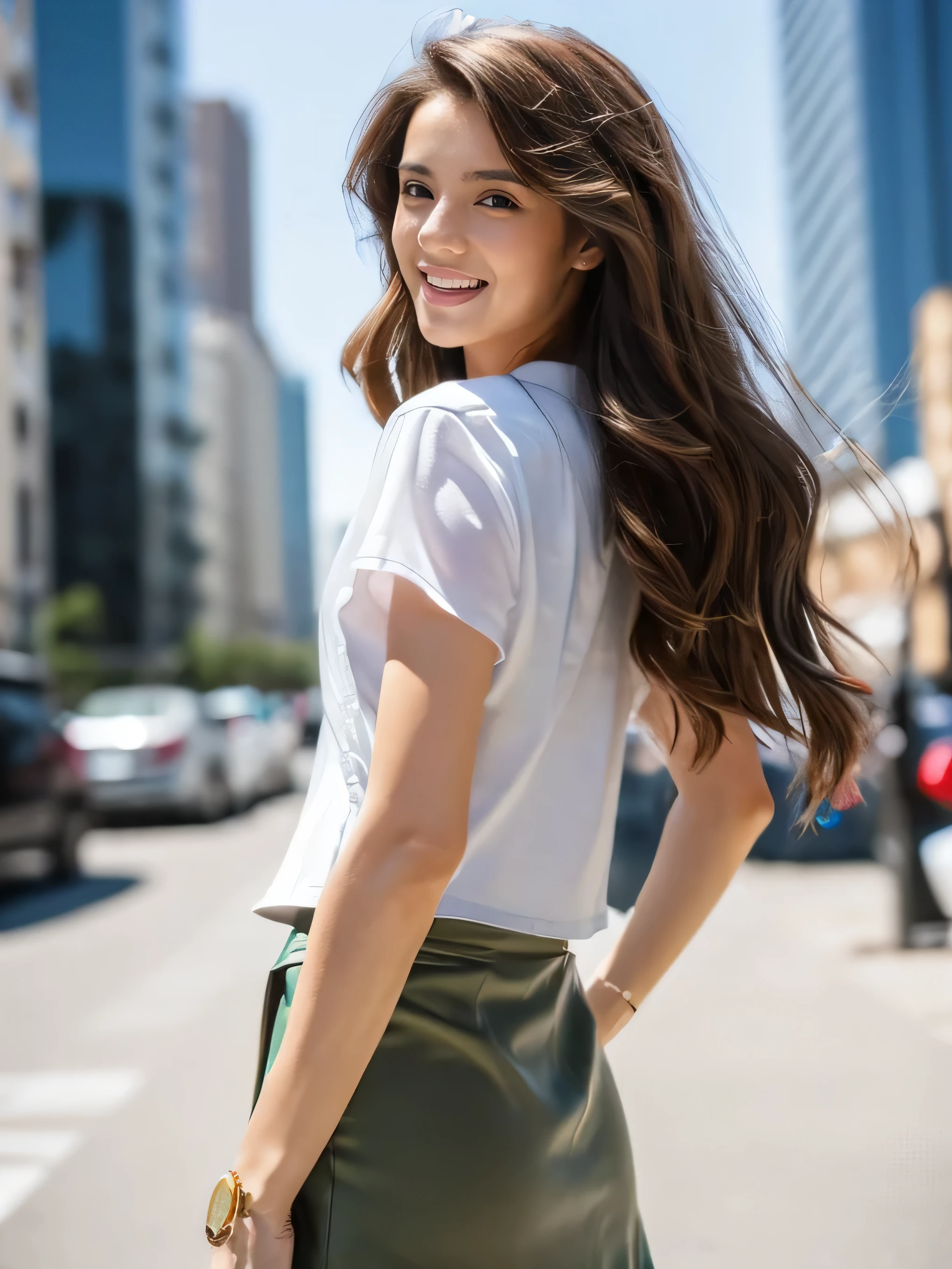 ((highest quality, 8k, masterpiece: 1.3)), 1 girl, smile, whole body, Slim face, Beautiful woman,Loosely inward wavy hair，Extra long brown hair, White crisp shirt at upper body, The top half is a black flared mini skirt, High heels, Highly detailed face, Fine grain, double eyelid, Blurred Background, Slim face, skyscraper, ((full figure supermodel standing, entire body in frame:1.4)