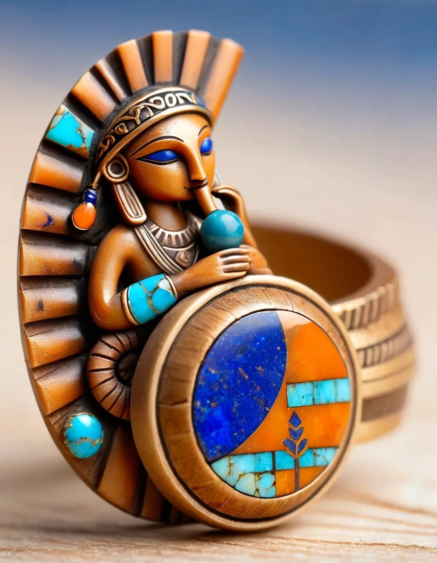 A minimalist ring design of Kokopelli, the rain god playing the flute, holding an oval double opal stone，Indian elements，geometry，The matching stones are small amounts of lapis lazuli and turquoise，Coffee color，Orange，Clams，feather，gem，Retro，Old，Soft Light