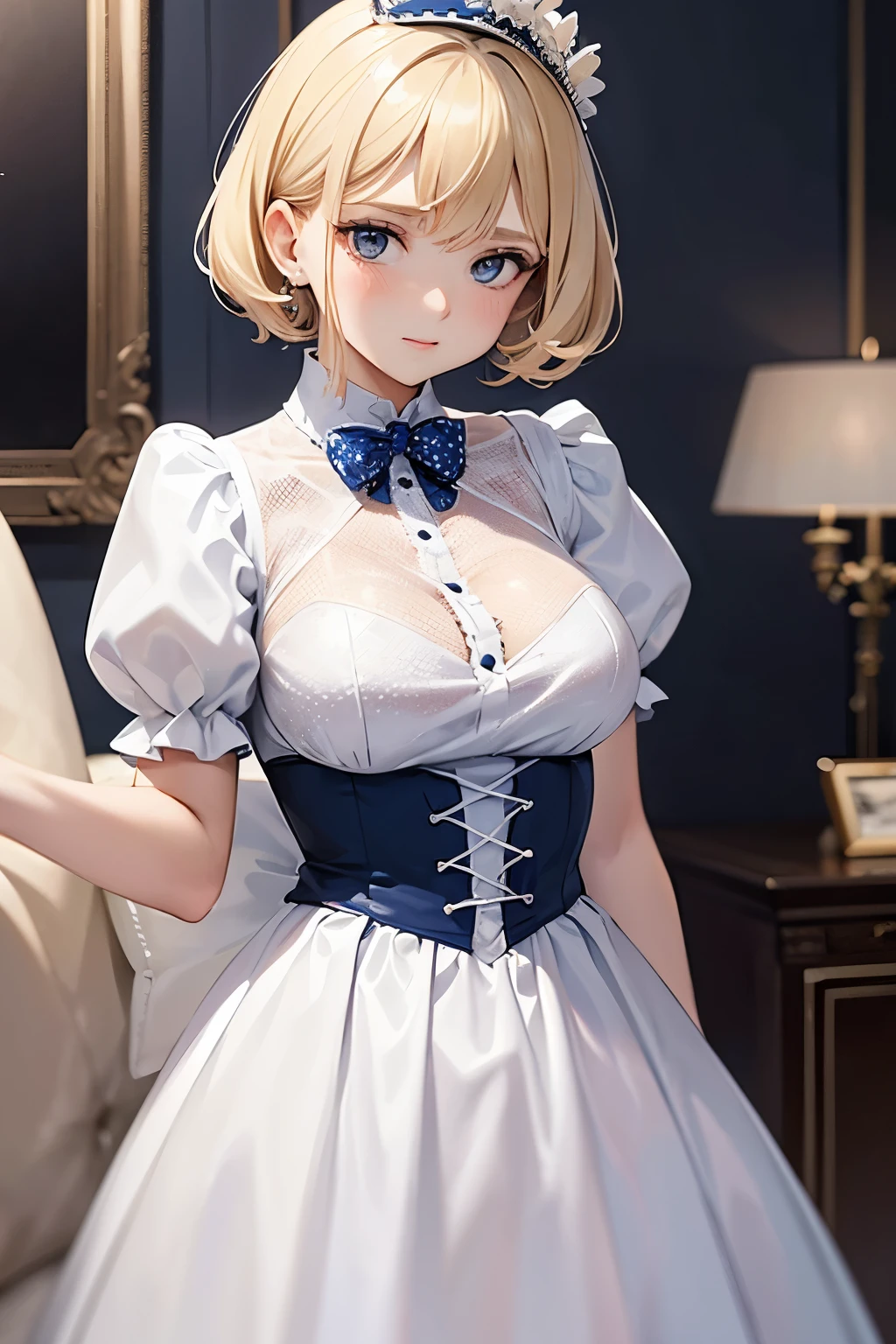 Photo of a gorgeous young blonde woman wearing an extremely conservative white and dark blue polka dot dress with short puff sleeves, fully dressed in pearls for Royal Ascot