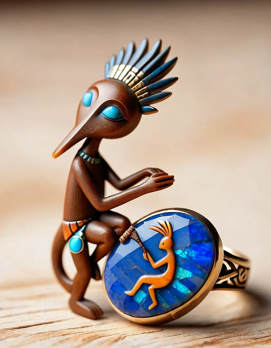 A minimalist ring design of Kokopelli, the rain god playing the flute, holding an oval double opal stone，Indian elements，geometry，The matching stones are small amounts of lapis lazuli and turquoise，Coffee color，Orange，Clams，feather，gem，Retro，Old，Soft Light