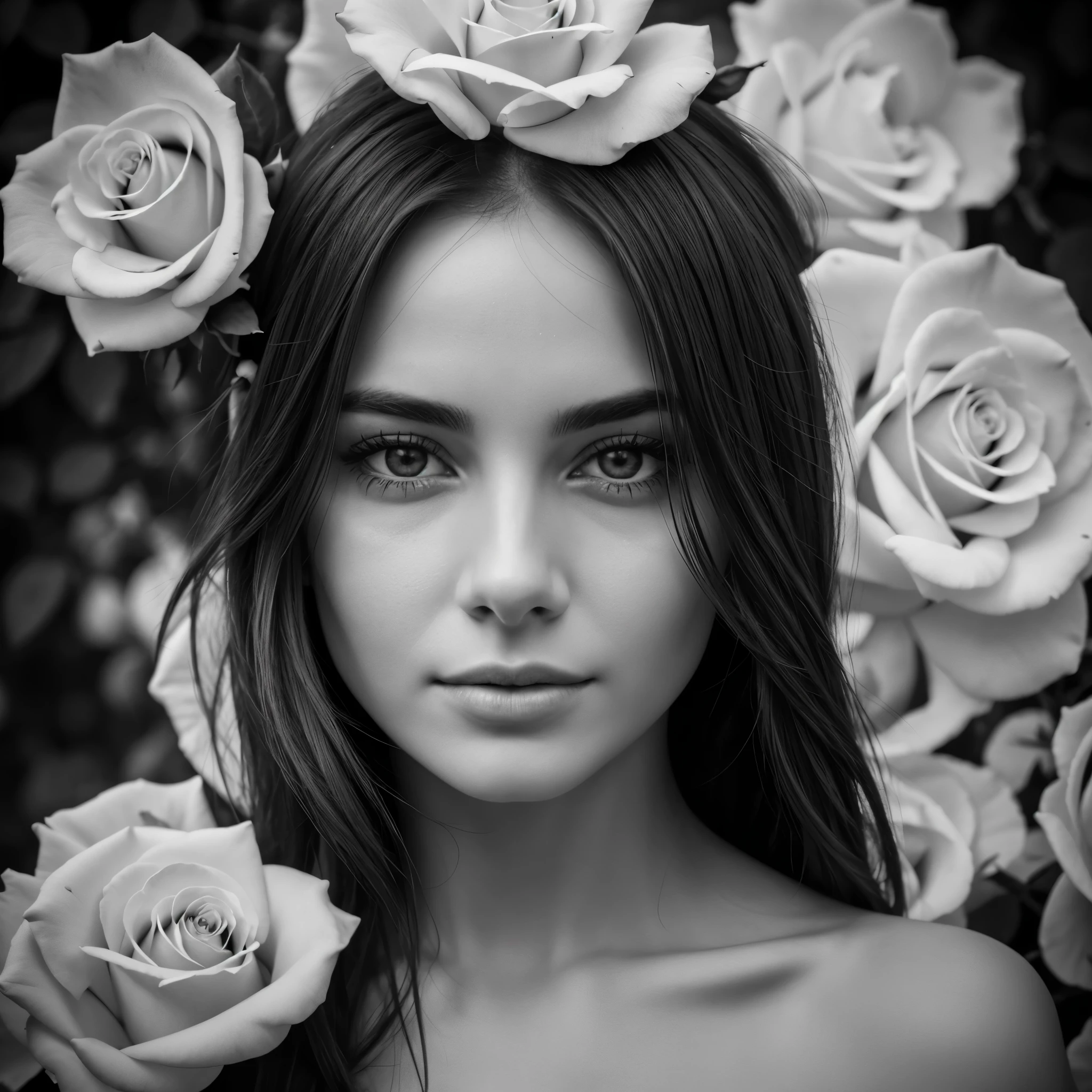 black and white photo raw, Zoom in on the intricate details of the woman's face, capturing the delicate lines of her skin and the depth of her eyes. Frame the shot with a single striking rose held delicately, adding a touch of softness and femininity to the composition.