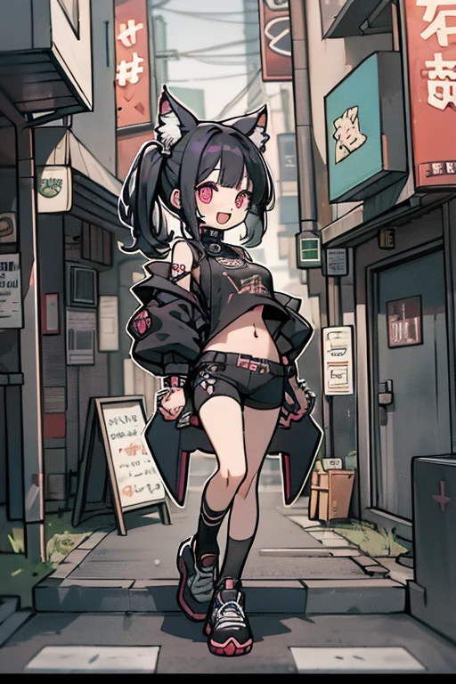 2D,solo,1woman\(cute,kawaii,evil smile,floating hair,messy hair,(black hair:1.2),long hair,twin tails hair,pale skin,skin color blue,red eyes,eyes shining,big eyes,(ripped clothes:1.5),tight tube top,(breast:1.4),tight hot pants,(dynamic pose:1.6),(stomach shown:1.4),(punk fashion:1.4),fluffy black cat-ear,(dynamic pose:1.4),open mouth\), BREAK ,background\(outside,noisy city,backstreet,narrow street,(dark:2.0),neon lights\),[chibi],[nsfw:2.0],quality\(8k,wallpaper of extremely detailed CG unit, ​masterpiece,hight resolution,top-quality,top-quality real texture skin,hyper realisitic,increase the resolution,RAW photos,best qualtiy,highly detailed,the wallpaper/)