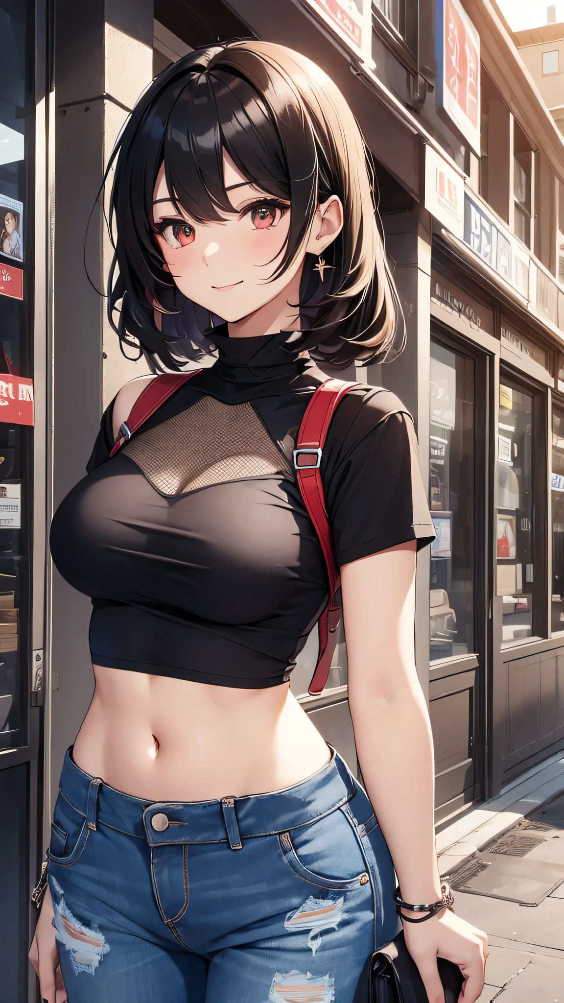 最high quality、Best image quality、masterpiece、girl((18-year-old、 By becoming、Best Bust、Medium Bust,Wide open breast tea、Red glowing eyes,Black Hair、Red Mesh、Disheveled Hair、Lointail、thin,The highest valley、Open chest、Luminous Wristbands、hair ornaments、Show the whole body,Black short sleeve T-shirt、Wear a shoulder bag、Short denim trousers、Leaning forward、smile、Disheveled,Hands on hips、turn around)),high quality、Beautiful art、background((Beautiful sun、sunlight、Large shopping malls、squirt))、Flight、Flying debris、Written boundary depth、movie、Visual Arts、Perfect art、8K,Genuine,