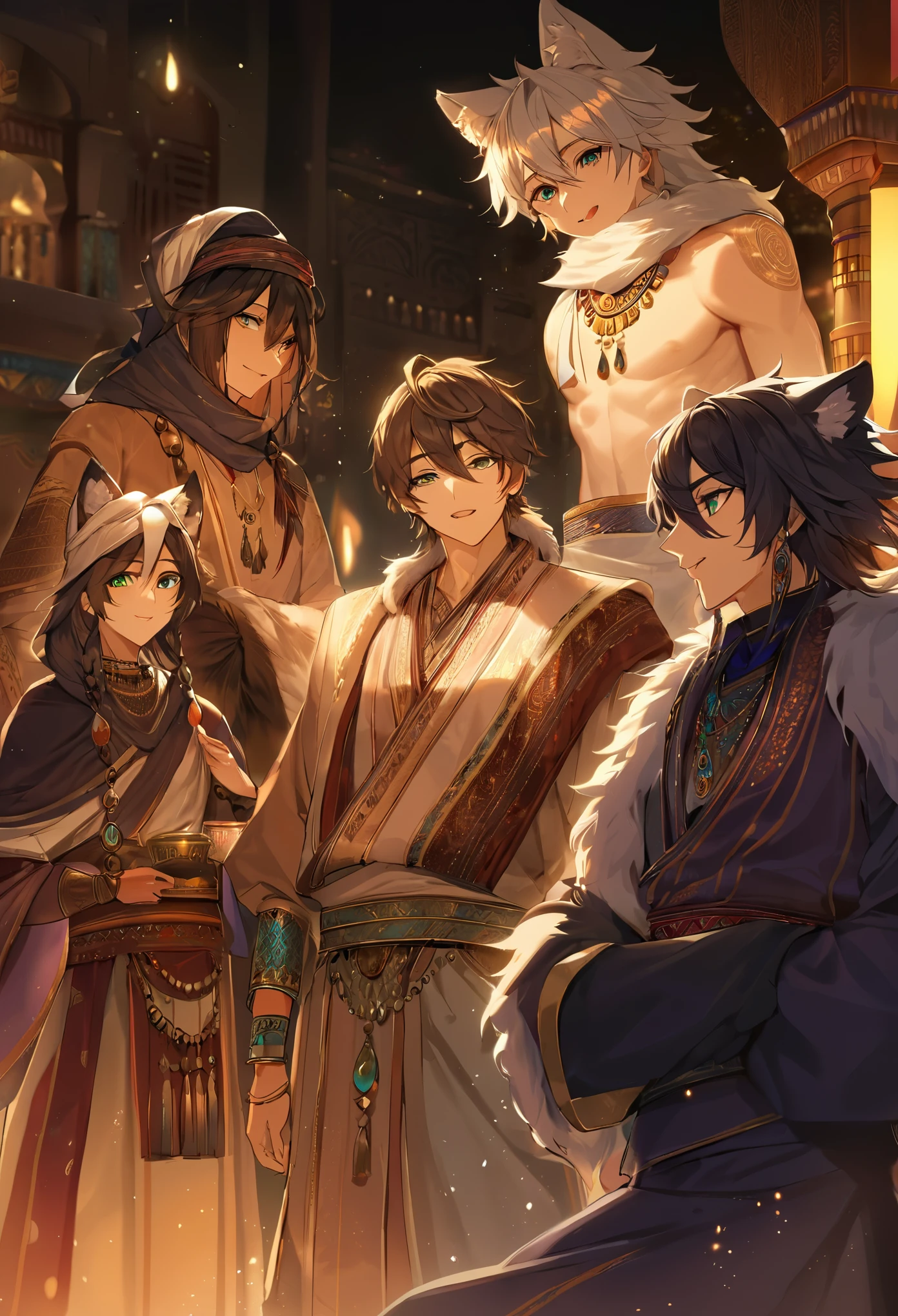 top quality, best quality, High-quality illustrations, masterpiece, super high resolution, detailed background, detailed background, The Arabian Nights' Entertainment, turkish lamp, 6+boys, 6+girls, absurdres(highly detailed beautiful face and eyes)perfect anatomy, expression, good lighting, cinematic shadow(kemono, furry anthro),