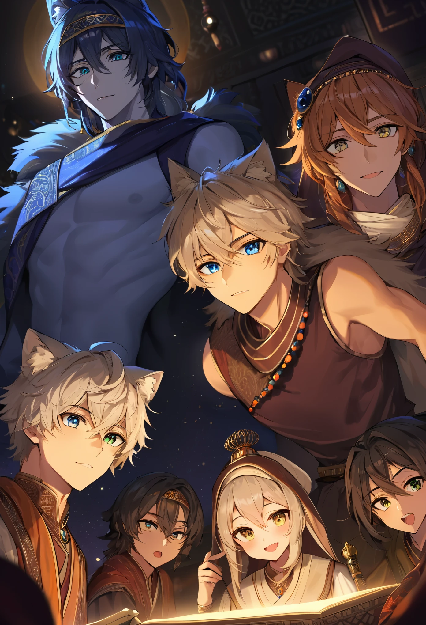 top quality, best quality, High-quality illustrations, masterpiece, super high resolution, detailed background, detailed background, The Arabian Nights' Entertainment, turkish lamp, 6+boys, 6+girls, absurdres(highly detailed beautiful face and eyes)perfect anatomy, expression, good lighting, cinematic shadow(kemono, furry anthro),