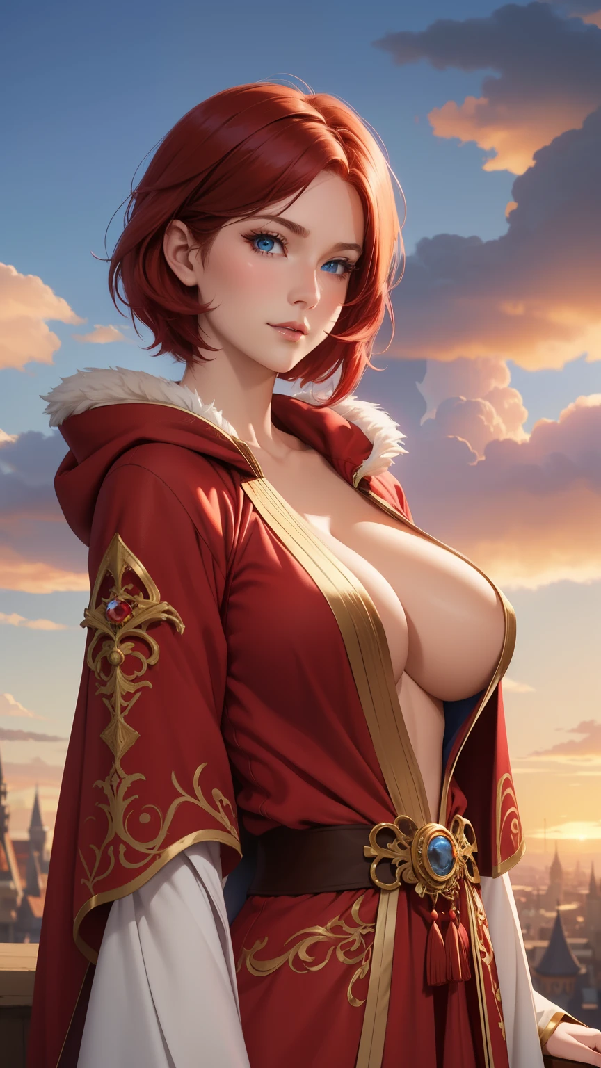 Best quality, 30 year old woman, short red hair, blue eyes, slight smile, upper body, fancy mage robes, intricate details,  fluffy clouds, fantasy city,  sunset, cleavage, big breasts,