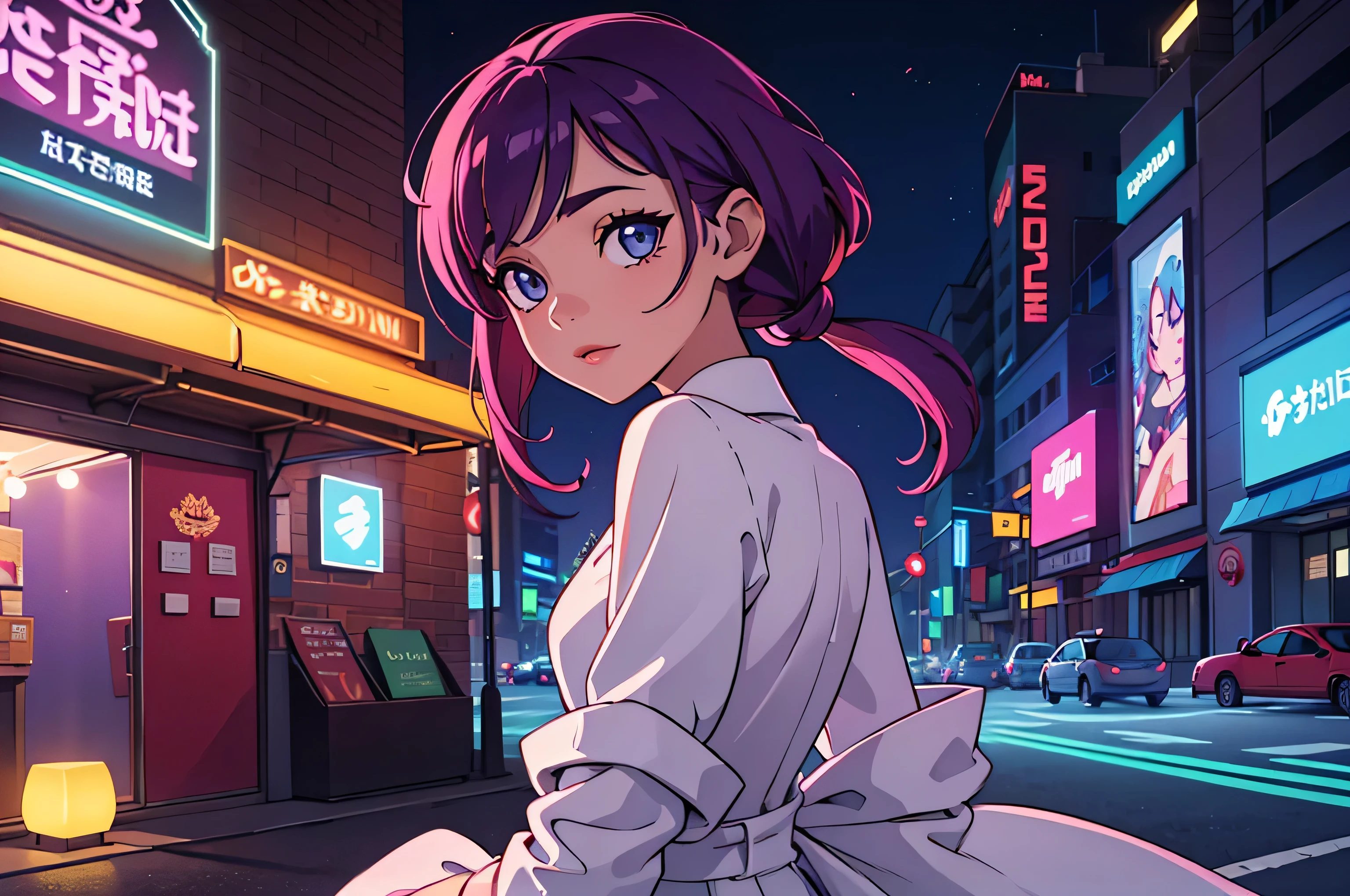 a noite、fundo colorido da cidade cyberpunk、fone de ouvido、colorful lighting、housekeeper、uma minissaia、Olho Roxo、cabelo curto roxo、olhos radianteeias pretas、rear lighting、brilho、olhando para o espectador、Low angle lens、Capuz com linhas brancas e vermelhas、perfect composition、delicadeza perfeita de luz e sombra、em 8K、