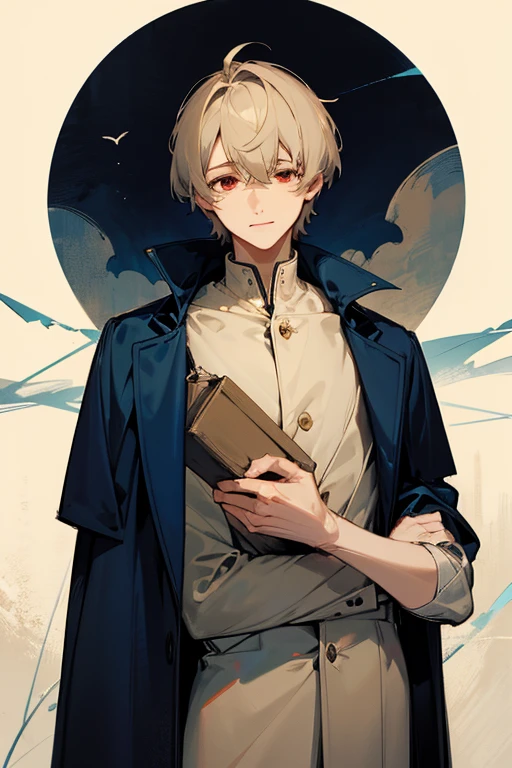 Beautiful boy、male、Calmness、A face that feels young、Adult atmosphere、shirt、Navy blue coat、rough、smile、Beige hair、Short Hair、Long side hair、Red Eyes、philosophical、quiet、writer、dim、Faintly eerie、、Sadness、Nostalgia