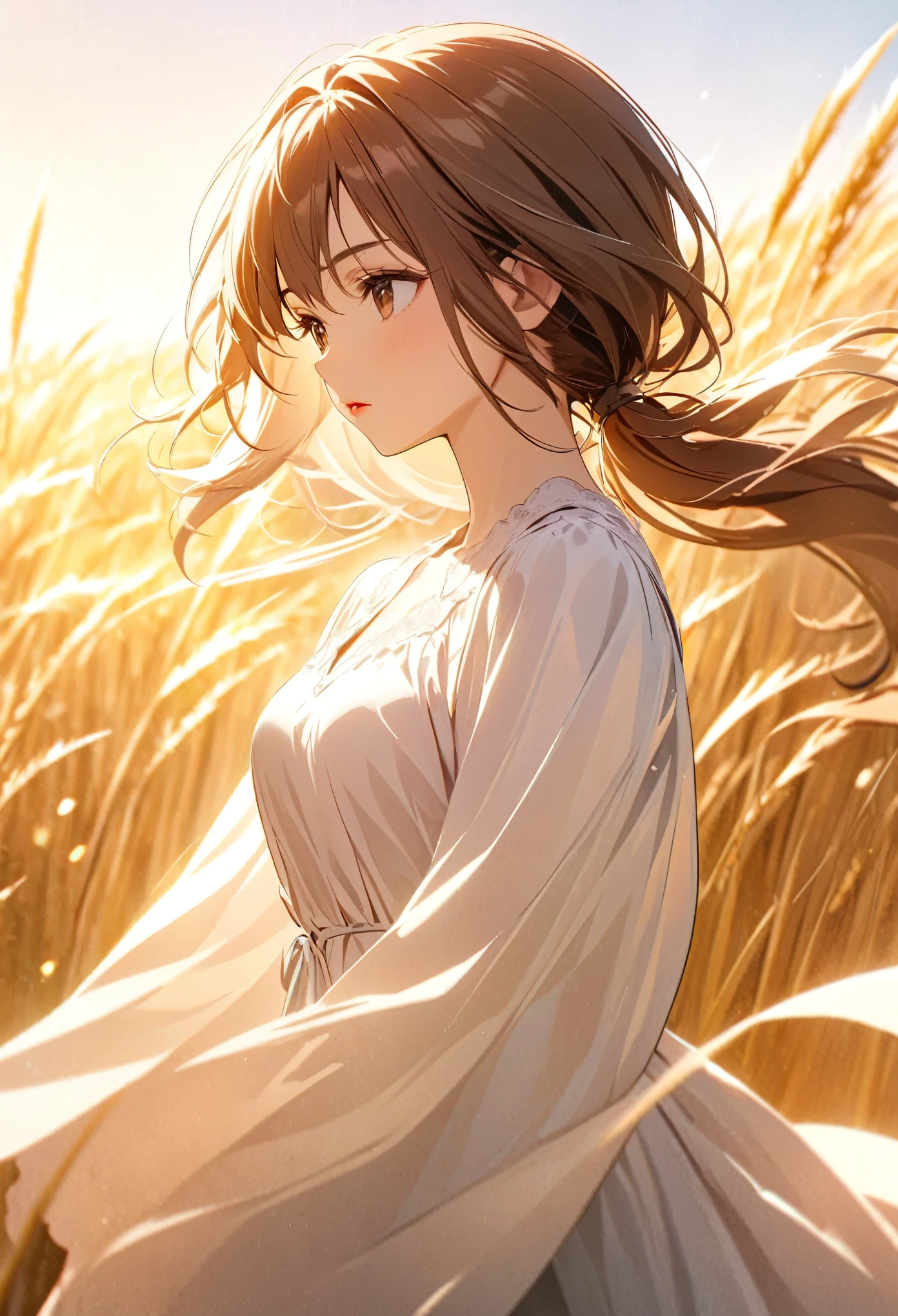 (masterpiece:1.4),, (highest quality:1.4),, Ultra-high resolution,, 8k, CG,, (Very delicate and beautiful:1.2),, , Upper Body,, From the side,, View your viewers,, , One girl,, alone,, Robber Girl,, Mature Girls,, , cute, sweet,, , In the wheat field,, Blurred Background,, , Long brown hair,, ponytail,, , Brown eyes,, Mouth closed,, Red lips,, , Face blown by the wind,, , White Dress,, Medium chest,