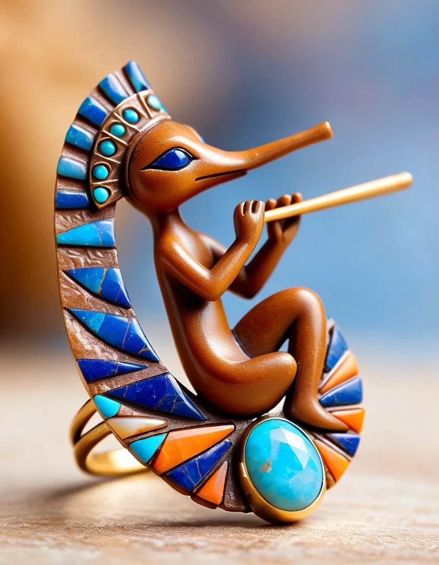 Kokopelli playing the flute holds an oval double brown and blue-orange opal stone minimalist abstract ring design,Indian elements,The matching stones are small amounts of lapis lazuli and turquoise,,Clams,feather,gem,Retro,Old,Soft Light