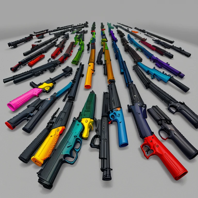 A bunch of guns colored in bright vibrant colors with no people involved.
