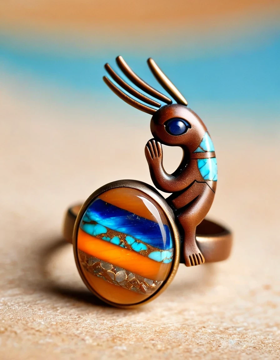 Kokopelli playing the flute holds an oval double brown and blue-orange opal stone minimalist abstract ring design，Indian elements，The matching stones are small amounts of lapis lazuli and turquoise，，Clams，feather，gem，Retro，Old，Soft Light