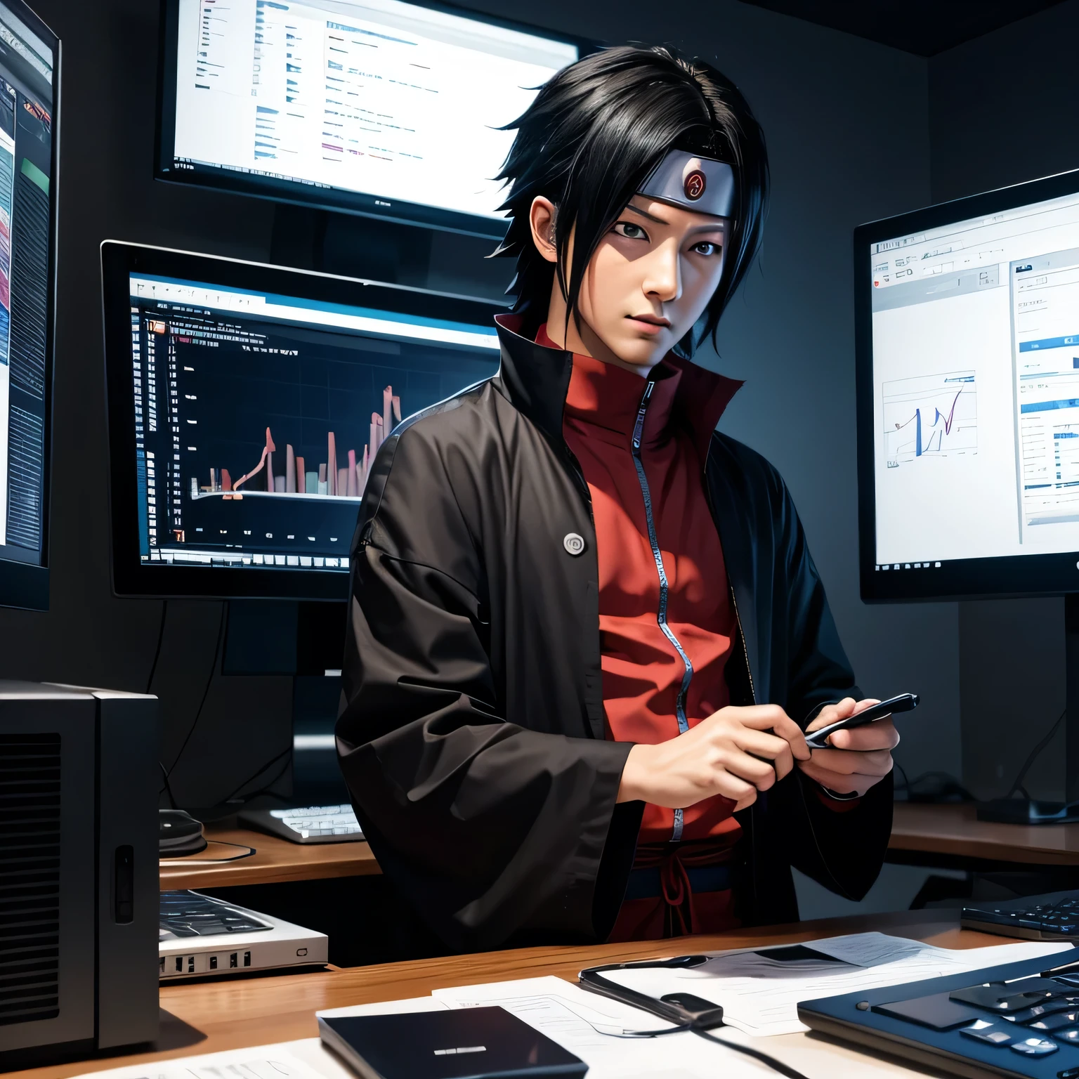 Uchiha Sasuke with background computer trading yst