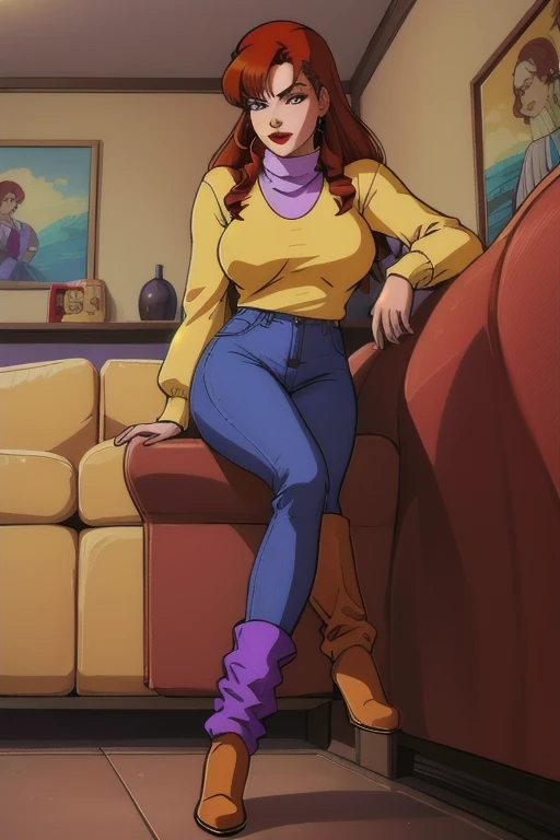 8k quality, high detailed, absurdres, mary jane watson, red hair, beautiful face, red lipstick, high detailed face, full body, yellow sweater with purple turtleneck, blue jeans, brown cowboy boots, front view, sitting  on sofa