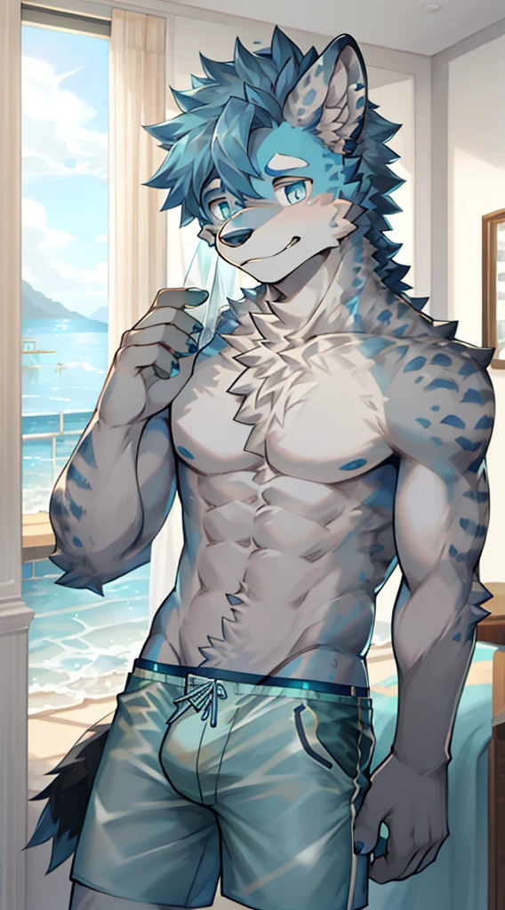 Hyena Boy，Gray fur，Topless, mammal, hairy，Aqua blue eyes，upscale hotel，Transparent swimming trunks quality