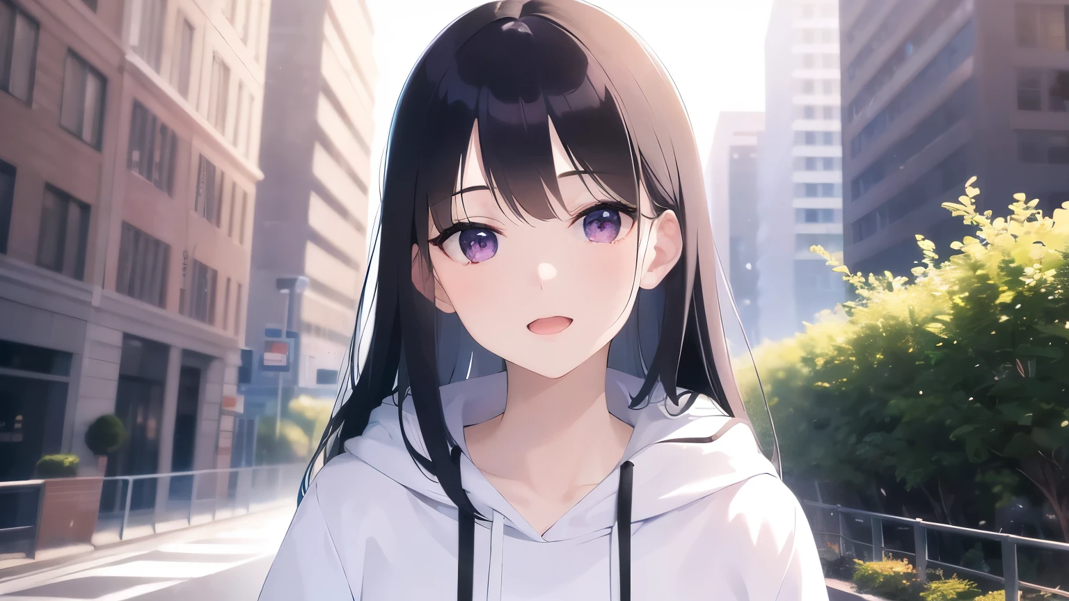 side angle, head tilt, Upper Body, Realistic, real person, (pale skin: 1.2), RAW photo, photorealistic, portrait photography, shiny skin, shiny hair、(A 25-year-old woman with straight hair and bangs) and (medium hair) and (black hair) and (purple eyes) , (white) and (hoodie)、smile, open mouth, The background is a park、Alone、Are standing