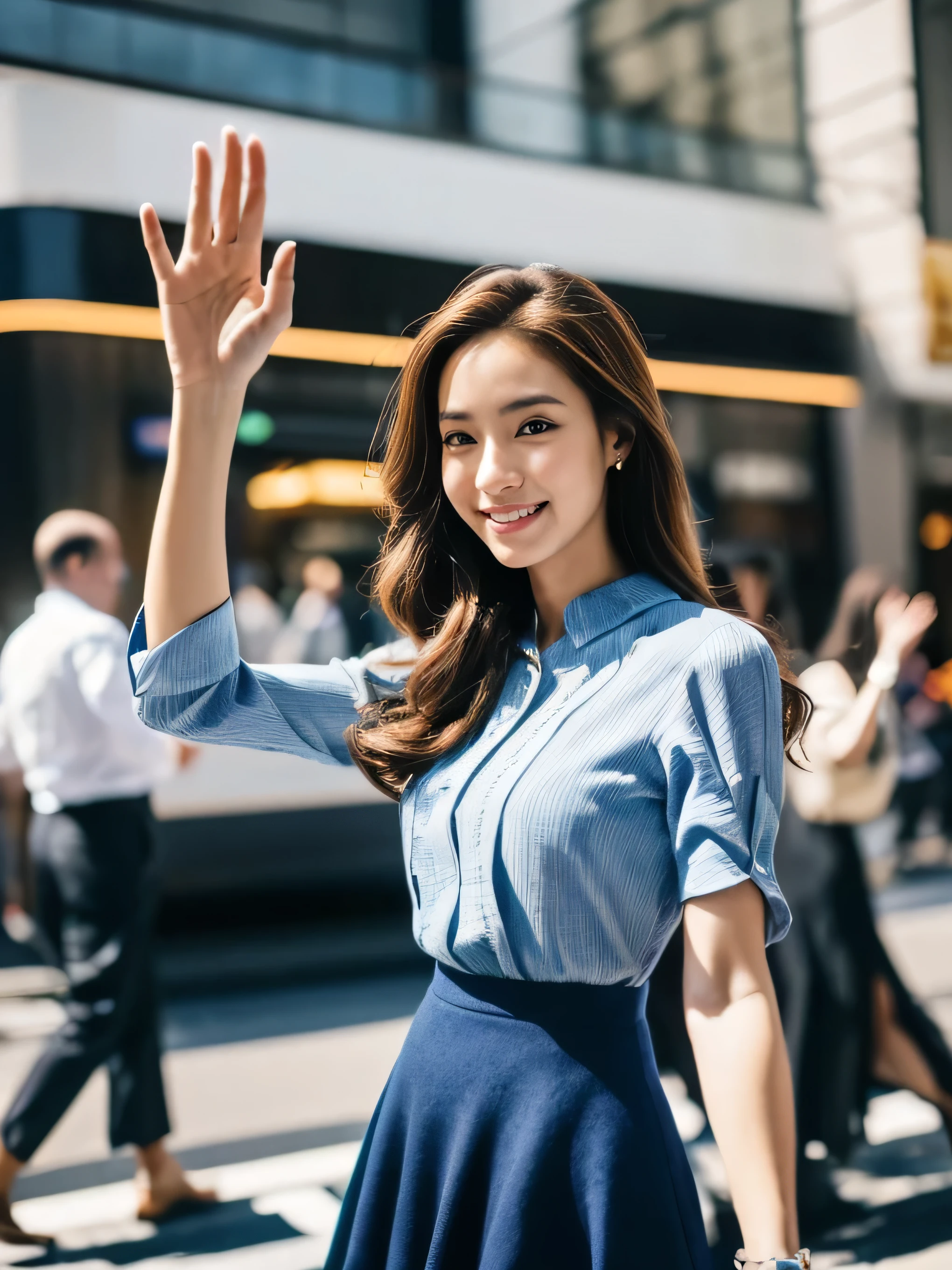 ((highest quality, 8k, masterpiece: 1.3)), 1 girl, smile, whole body, Slim face, Beautiful woman,Loosely inward wavy hair,Extra long brown hair, Long straight hair_Hair reaching down to the waist、Wearing an elegant blouse, Wearing an ultra-thin blouse, Blue flared mini skirt, Blue high heels, Highly detailed face, Fine grain, double eyelid, Blurred Background, Slim face, skyscraper, ((full figure supermodel standing, entire body in frame:1.4)、Raise your hand at the intersection、Hailing a taxi loudly、Very beautiful hands、Looking diagonally above the frame、A small shoulder bag is slung over the left shoulder.
