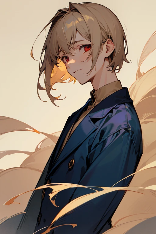 Beautiful boy、male、Calmness、A face that feels young、Adult atmosphere、shirt、Navy blue coat、rough、smile、Beige hair、Short Hair、Long side hair、Red Eyes、philosophical、quiet、writer、dim、Faintly eerie、Lonely、Sadness、Nostalgia