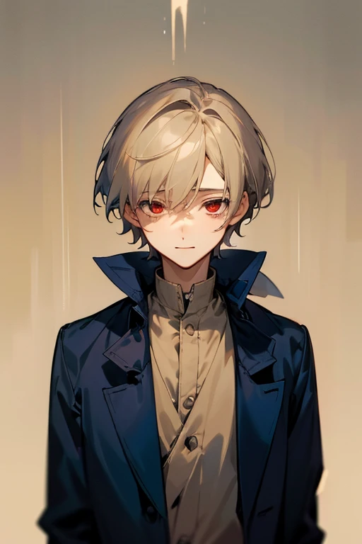 Beautiful boy、male、Calmness、A face that feels young、Adult atmosphere、shirt、Navy blue coat、rough、smile、Beige hair、Short Hair、Long side hair、Red Eyes、philosophical、quiet、writer、dim、Faintly eerie、Lonely、Sadness、Nostalgia