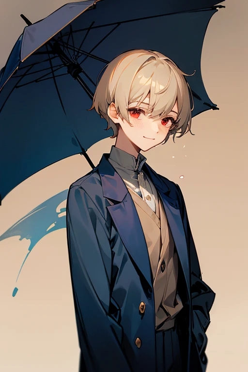 Beautiful boy、male、Calmness、A face that feels young、Adult atmosphere、shirt、Navy blue coat、rough、smile、Beige hair、Short Hair、Long side hair、Red Eyes、philosophical、quiet、writer、dim、Faintly eerie、Lonely、Sadness、Nostalgia
