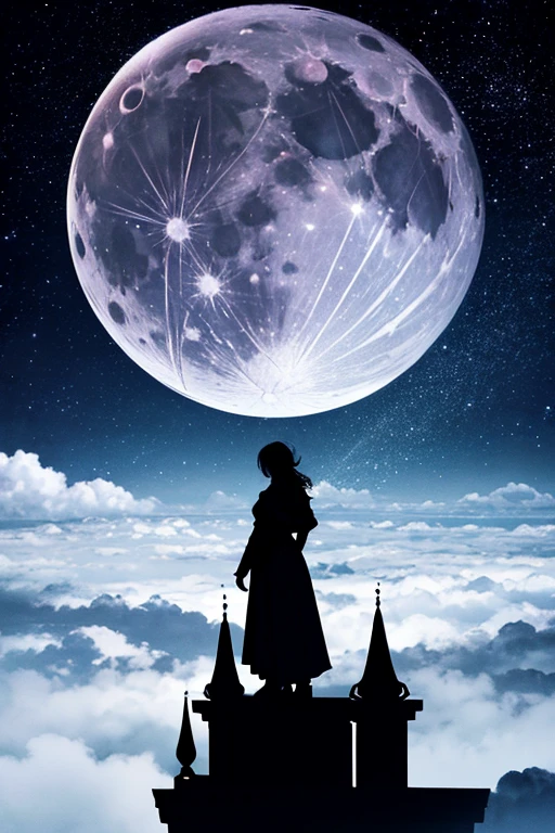 highest quality,Big moon and shadow,A silhouette of a person can be seen against the backdrop of a large moon.,There is one full moon,There is a mood,Beautiful scenery,Starry Sky