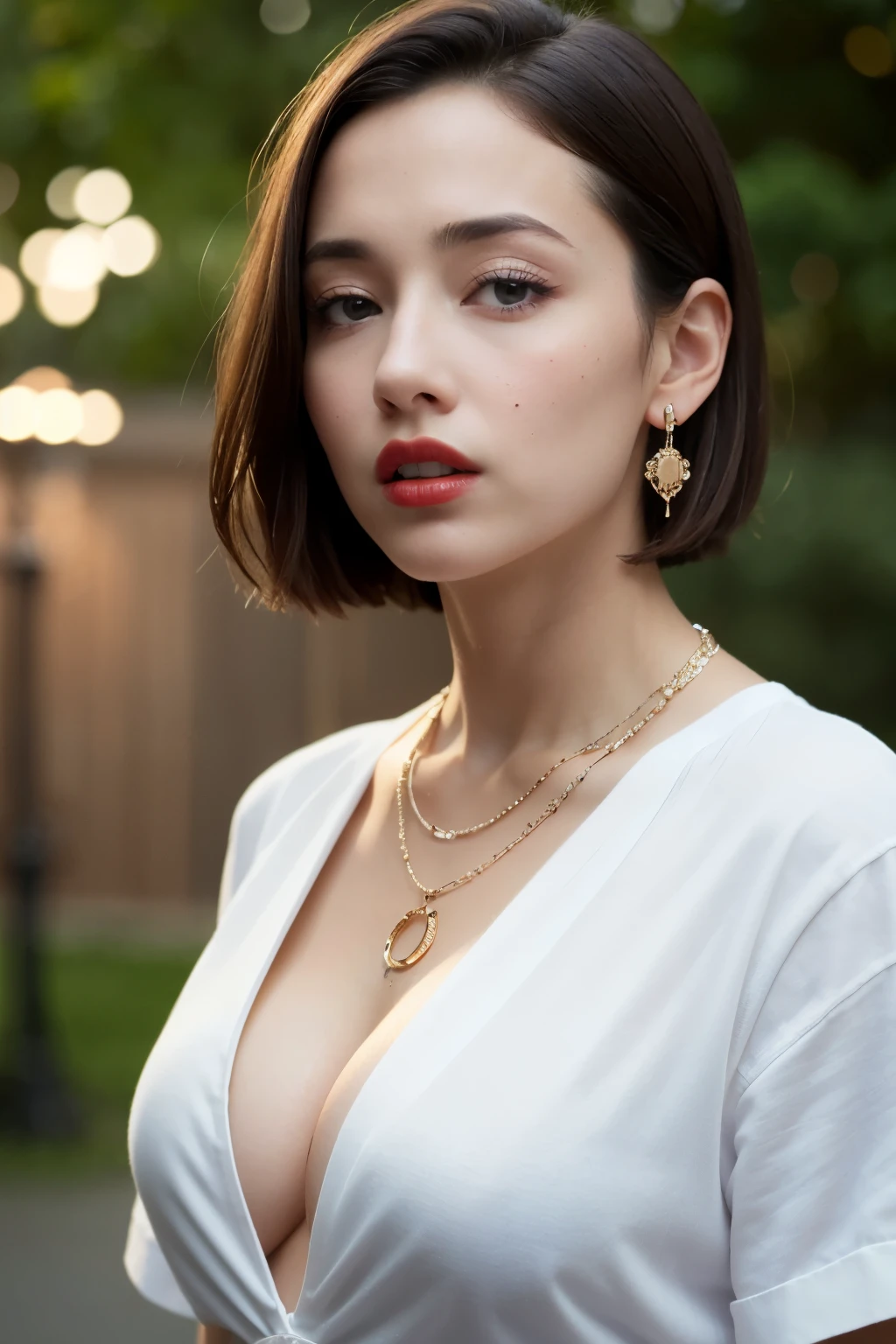 (8k, highest quality, masterpiece:1.2), (Real Stick, Photorealistic:1.37), unit, Very delicate and beautiful, Very detailed, Amazing, Exquisite detail, masterpiece, highest quality, Official Art, disorganized person, Unbelievably absurd, Beautiful single girl, Facial Light, Red nose, ((One Girl)), Red lips, short hair, Beaver_cut, Straight Hair, necklace, Earrings, Mid-ed, Cleavaing Skin, Outdoor, Professional Lighting, Detailed Shadows, ((show off nipples under hirt))