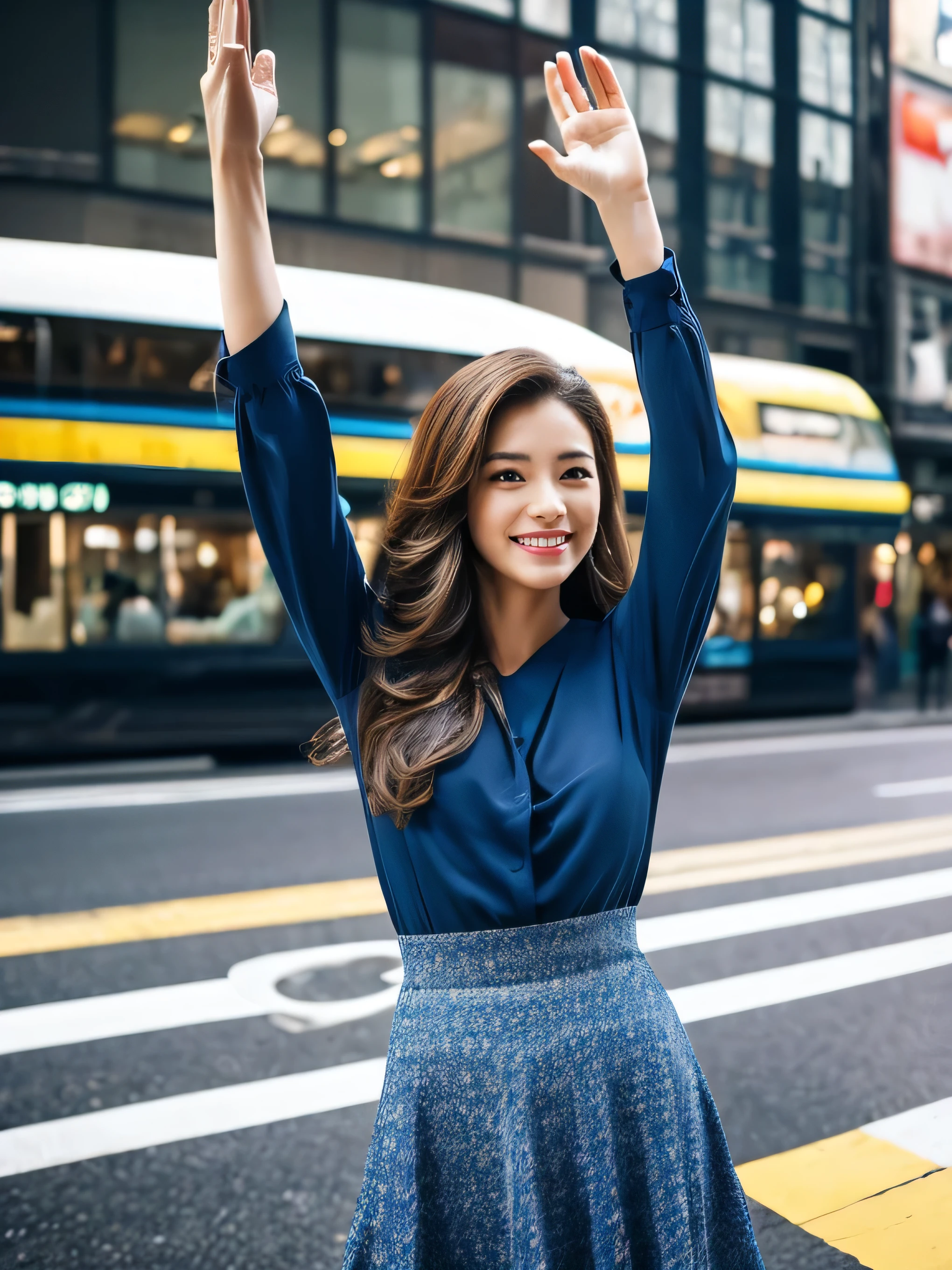 ((highest quality, 8k, masterpiece: 1.3)), 1 girl, smile, whole body, Slim face, Beautiful woman,Loosely inward wavy hair,Extra long brown hair, Long straight hair_Hair reaching down to the waist、Wearing an elegant blouse, Wearing an ultra-thin blouse, Blue flared mini skirt, Blue high heels, Highly detailed face, Fine grain, double eyelid, Blurred Background, Slim face, skyscraper, full figure supermodel standing, entire body in frame、Raise your hand at an intersection、Hailing a taxi loudly、Very beautiful hands、Looking diagonally above the frame、A small shoulder bag is slung over the left shoulder.
