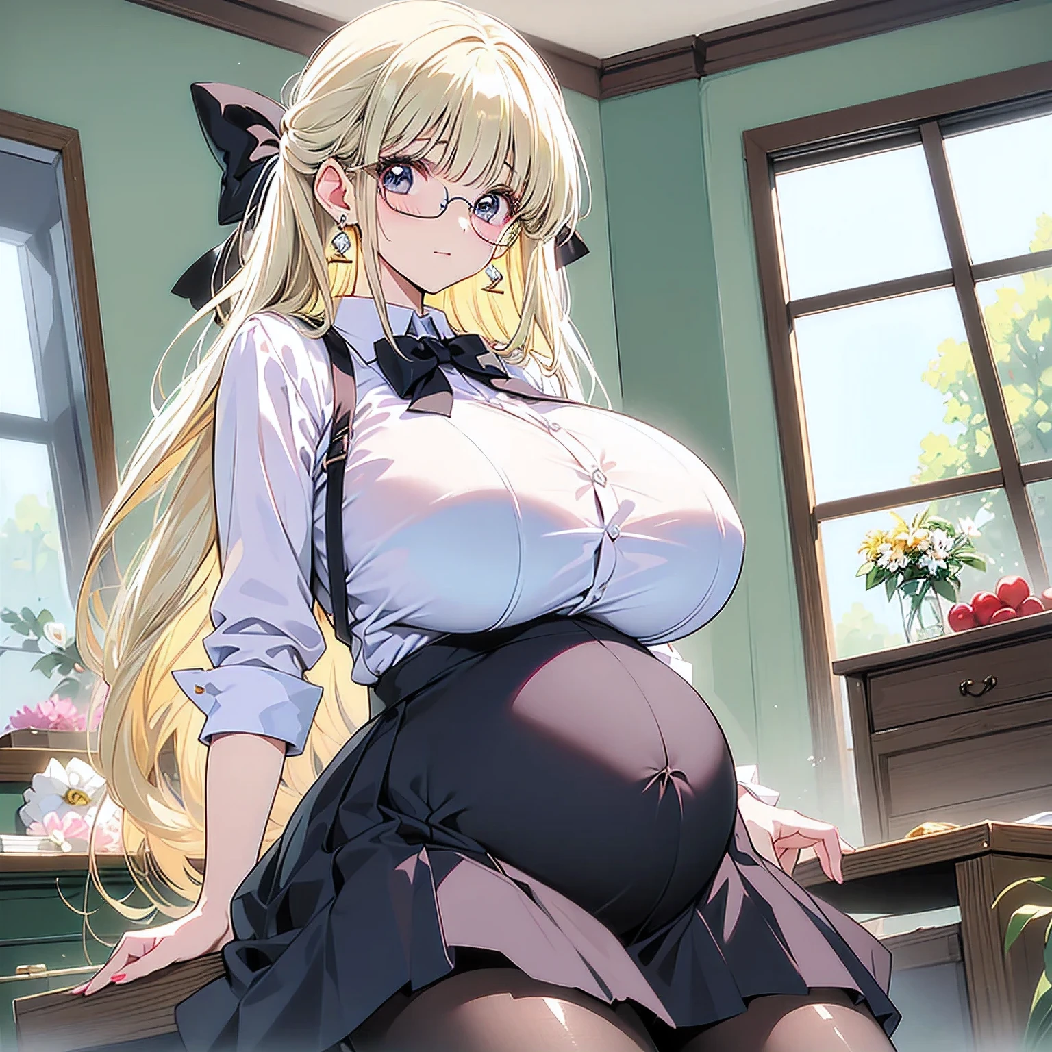(((pregnant woman)))(((huge breasts))) ((Spread your)) (see-through))(((gigantic breasts))),(((large areolae)))(((large areolae))) (((large areolae)))(((vulgarity))in a cartoon painting of a woman dressed in a and glasses, 1girl, solo, breasts, pregnant, pantyhose, skirt, indoors, glasses, long hair, blonde hair, looking at viewer, blush, shirt, white shirt, jewelry, earrings, black skirt, bow, bowtie
