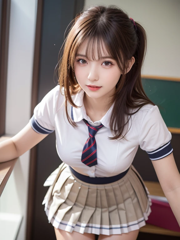 Young girl, highest quality, masterpiece, Ultra-high resolution, (Real skin texture:1.3), (A beautiful face, very carefully drawn), A great face and the most eye-catching qualities:1.4), whole body, Great face and eyes, Pink Eyes, (Tight High School Uniforms, Short pleated mini skirt:1.3), ponytail, Brown Hair, School, classroom, Big ample breasts,Big breasts and small waist, ((erotic,Sexy and sexually explicit)), She spreads her legs to show off her white panties