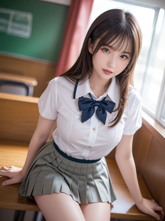 Young girl, highest quality, masterpiece, Ultra-high resolution, (Real skin texture:1.3), (A beautiful face, very carefully drawn), A great face and the most eye-catching qualities:1.4), whole body, Great face and eyes, Pink Eyes, (Tight High School Uniforms, Short pleated mini skirt:1.3), ponytail, Brown Hair, School, classroom, Big ample breasts,Big breasts and small waist, ((erotic,Sexy and sexually explicit)), She spreads her legs to show off her white panties