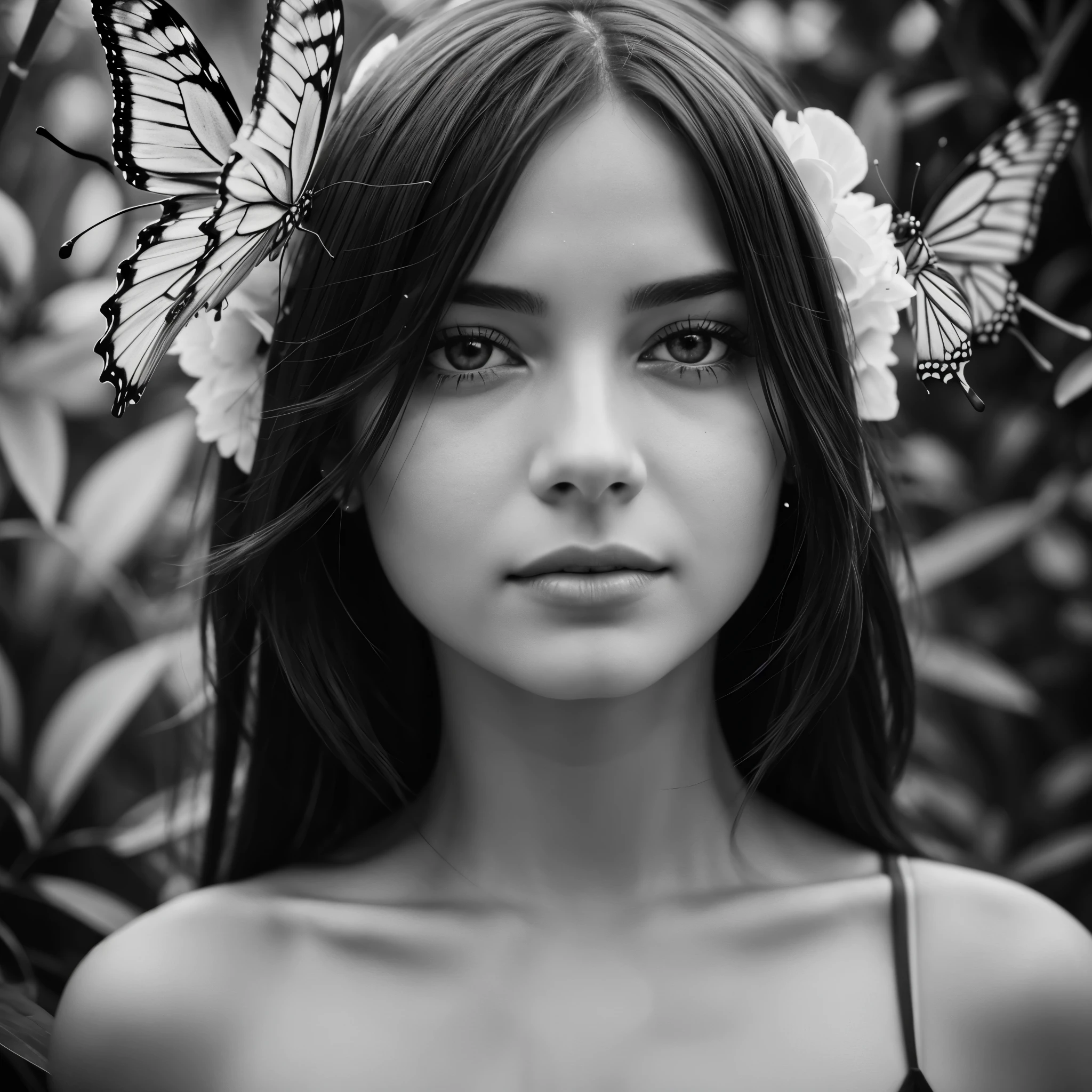 black and white photo raw, Zoom in on the intricate details of the woman's face, capturing the delicate lines of her skin and the depth of her eyes. Frame the shot with a single striking butterfly held delicately, adding a touch of softness and femininity to the composition.