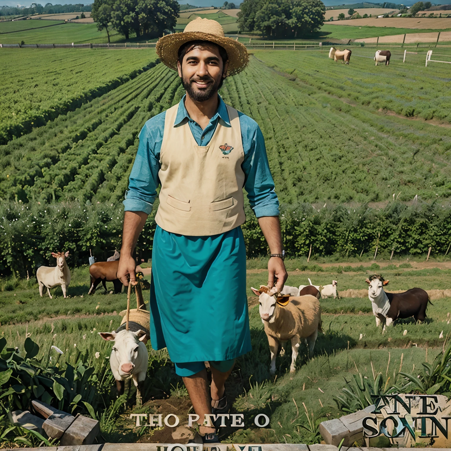 The Wise Farmer, Kavi: A cartoon image of Kavi, with a friendly face and a straw hat, standing proudly in front of his fields, perhaps with a few farm animals nearby.