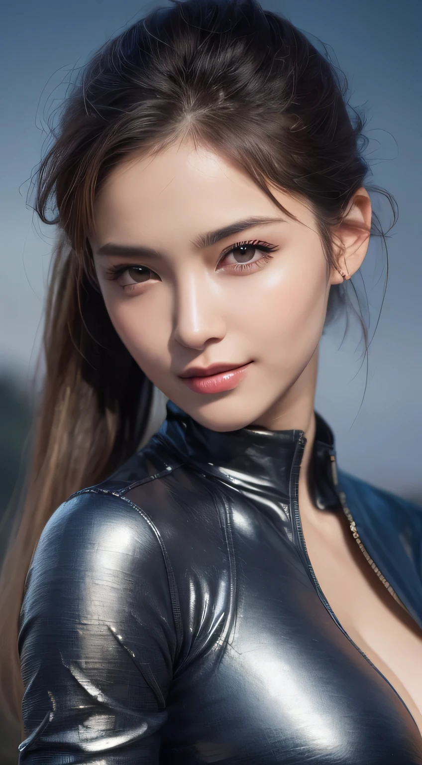 Kimono beauty, body portrait, 8K, thin and beautiful eyes, Dindal effect, masterpiece, top quality, high quality, high resolution, very detailed photo, (natural skin texture, fine skin, hyperrealism, super sharpness) , high detail skin, (very fine, fine skin texture, intricate details, beautiful face, (realistic face), realistic eyes, beautifully detailed eyes, ponytail, realistic skin, beautiful skin, surreal, Highly detailed, golden ratio, smiling eyes, ((night moonlight background) ), body portrait, oily skin, shiny skin, shiny skin with oil, big breasts, huge breasts, big breasts, erotic body, glamorous, pilot suit , cleavage, all wet