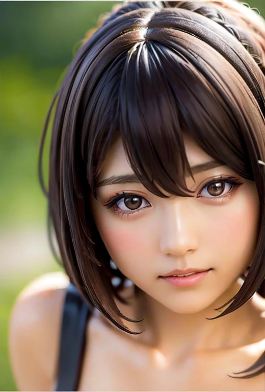 "Create an intimate close-up portrait of a young East Asian woman with a contemplative expression. Her hair is styled in a casual, shoulder-length bob with natural waves. She has large, expressive brown eyes, and her makeup is subtle, enhancing her natural beauty. She is wearing a black, strapless top with a delicate, textured pattern, slightly visible in the frame. The focus is on her face, capturing the soft, natural lighting that highlights her features against a neutral background. This portrait emphasizes simplicity and elegance."