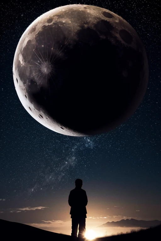highest quality,Big moon and shadow,A silhouette of a person can be seen against the backdrop of a large moon.,There is one full moon,There is a mood,Beautiful scenery,Starry Sky