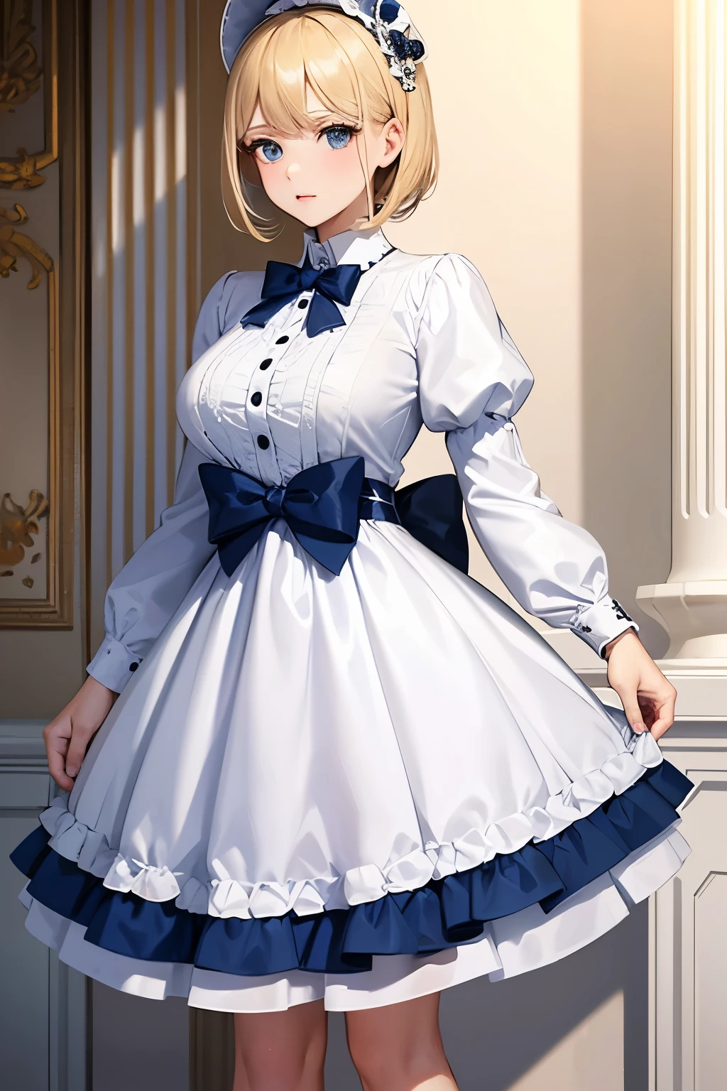 Photo of a gorgeous young blonde woman wearing an extremely conservative white and dark blue polka dot dress with short puff sleeves, fully dressed in pearls for Royal Ascot