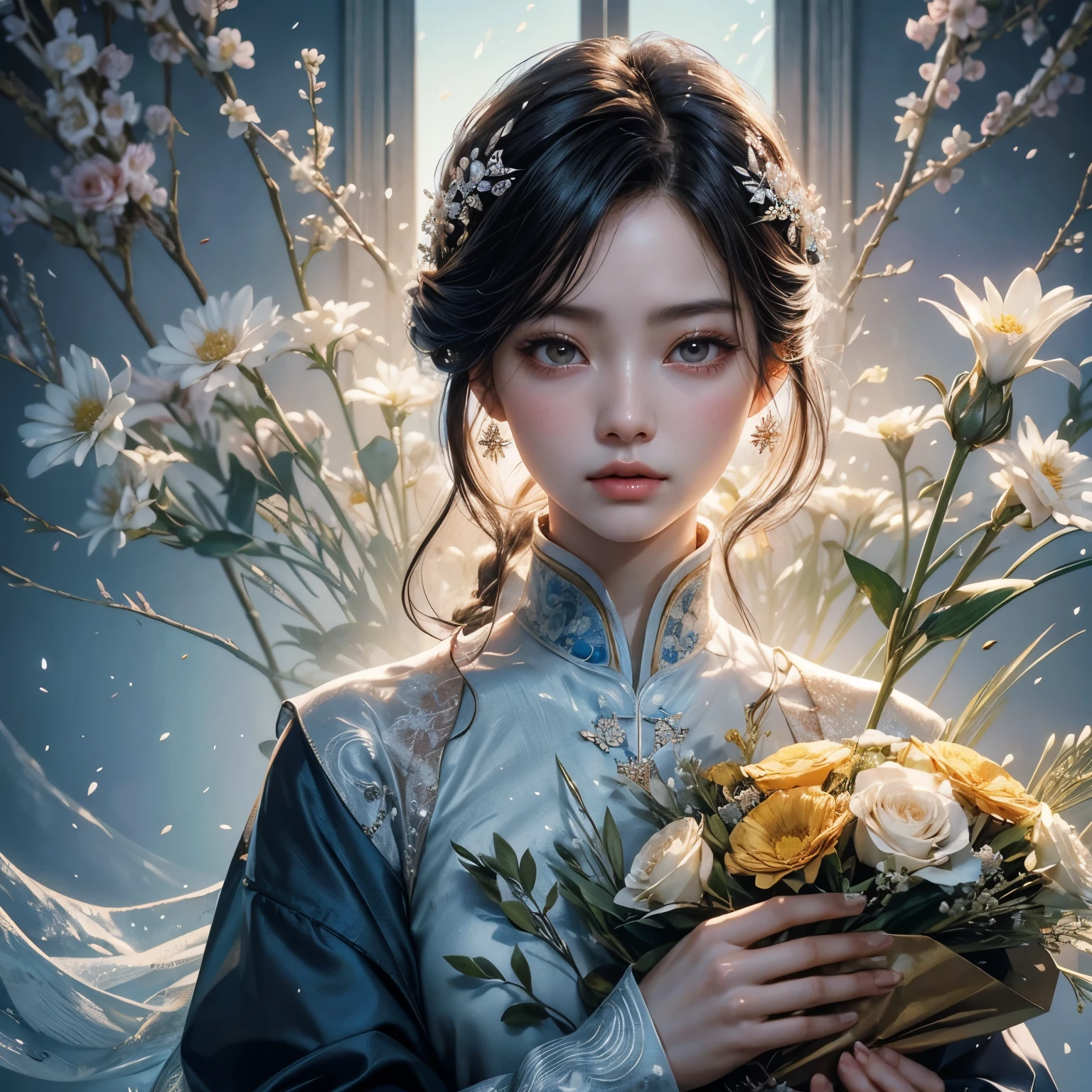 a close up of a woman holding a vase of flowers, with flowers, magazine photo, by Ayami Kojima, official artwork, jinyoung shin, with frozen flowers around her, by Ni Tian, dilraba dilmurat, jaeyeon nam, cynthwave, hwang se - on, mackenzie foy, by Zhang Han, park ji-min, by Jin Nong