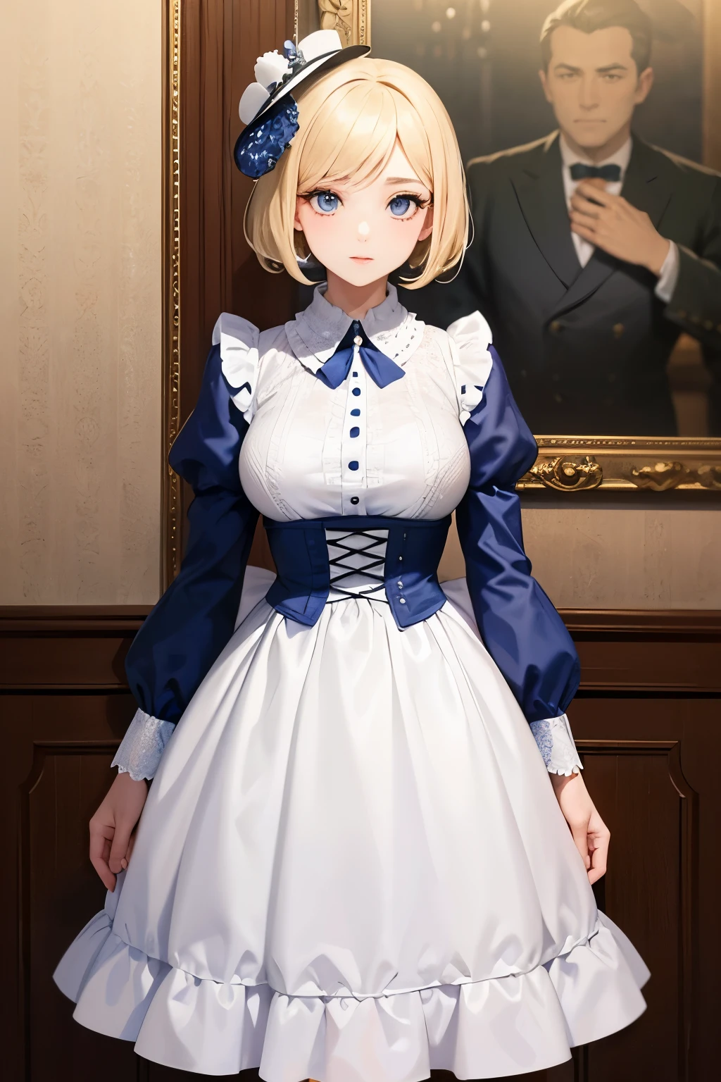 Photo of a gorgeous young blonde woman wearing an extremely conservative white and dark blue polka dot dress with short puff sleeves, fully dressed in pearls for Royal Ascot