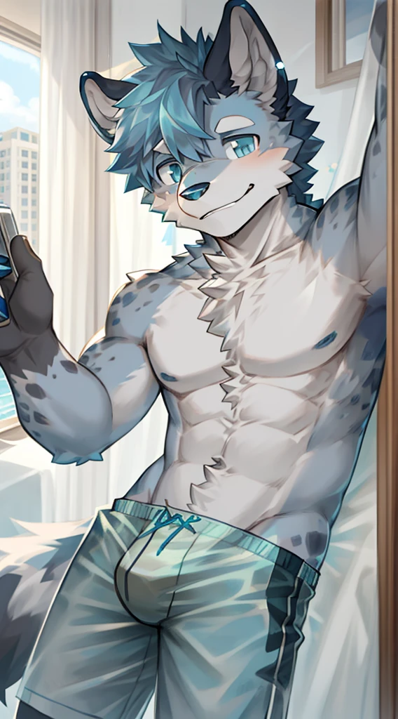 Hyena Boy，Gray fur，Topless, mammal, hairy，Aqua blue eyes，upscale hotel，Transparent swimming trunks quality