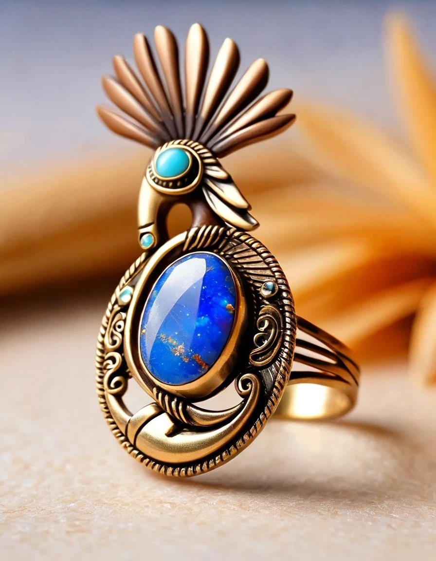 Kokopelli playing the flute holds an oval double brown and blue-orange opal stone minimalist abstract ring design，Indian elements，The matching stones are small amounts of lapis lazuli and turquoise，，Clams，feather，gem，Retro，Old，Soft Light