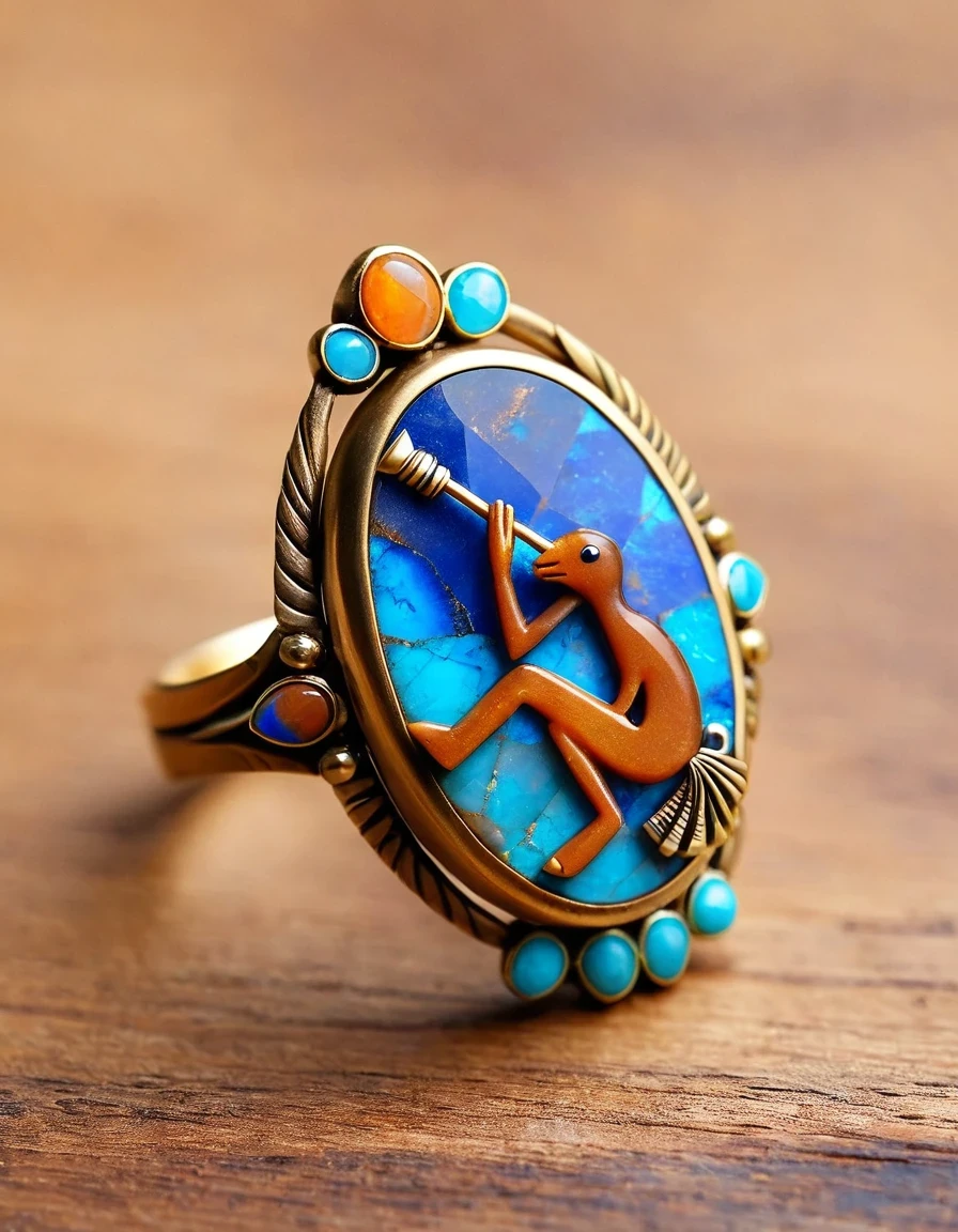 Kokopelli playing the flute holds an oval double brown and blue-orange opal stone minimalist abstract ring design，Indian elements，The matching stones are small amounts of lapis lazuli and turquoise，，Clams，feather，gem，Retro，Old，Soft Light