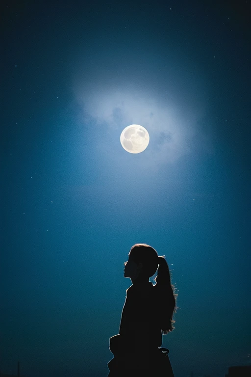 highest quality,Big moon and shadow,A silhouette of a person can be seen against the backdrop of a large moon.,There is one full moon,There is a mood,Beautiful scenery,Starry Sky