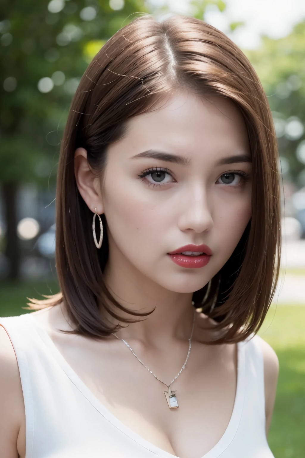 (8k, highest quality, masterpiece:1.2), (Real Stick, Photorealistic:1.37), unit, Very delicate and beautiful, Very detailed, Amazing, Exquisite detail, masterpiece, highest quality, Official Art, disorganized person, Unbelievably absurd, Beautiful single girl, Facial Light, Red nose, ((One Girl)), Red lips, short hair, Beaver_cut, (Straight Hair), necklace, Earrings, Mid-breasted, Cleavage, Glowing Skin, Outdoor, Professional Lighting, Detailed Shadows, ((show off nipples under white shirt))