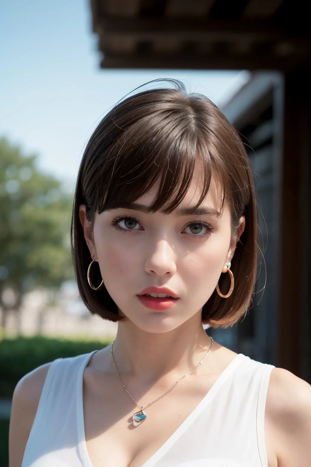 (8k, highest quality, masterpiece:1.2), (Real Stick, Photorealistic:1.37), unit, Very delicate and beautiful, Very detailed, Amazing, Exquisite detail, masterpiece, highest quality, Official Art, disorganized person, Unbelievably absurd, Beautiful single girl, Facial Light, Red nose, ((One Girl)), Red lips, short hair, Beaver_cut, (Straight Hair), necklace, Earrings, Mid-breasted, Cleavage, Glowing Skin, Outdoor, Professional Lighting, Detailed Shadows, ((show off nipples under white shirt))
